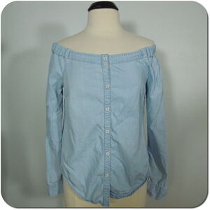 SANCTUARY S SMALL Womens Off Shoulders Blue Denim Look Button Front